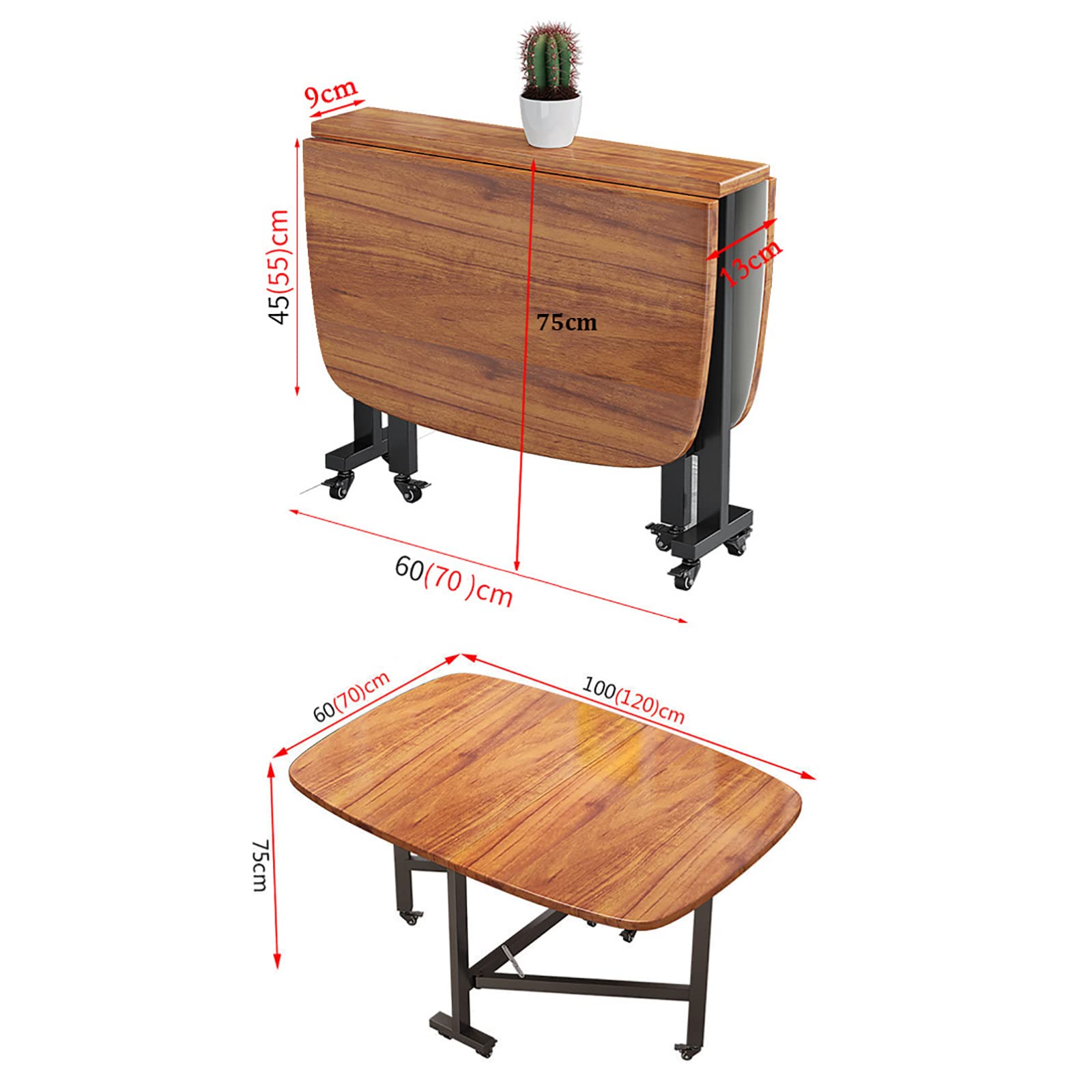 Tavolo da pranzo in legno massello con bordo rotondo e ruote mobili, salvaspazio, pieghevole, per piccoli spazi, bianco (120 x 70 cm)