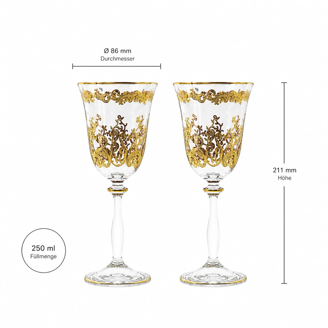 Weingläser, 2er weinglas set aus Kristallglas mit 24 Karat Goldrand, Handbemalt, Luxuriös Geschenk, 250ml, Kollektion Melody