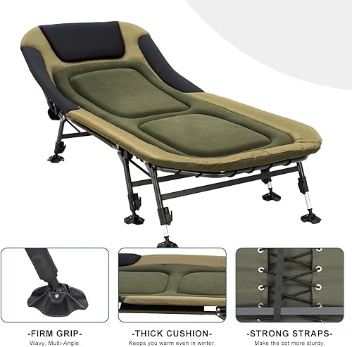 Miniatura 5 de Catre de camping plegable XL con colchón para adultos, cama de campamento de gran tamaño con bolsa de transporte, reclinable ajustable en 180,