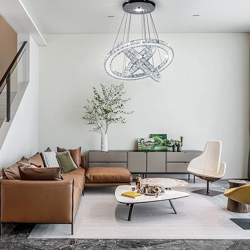 Miniatura 4 de CLAIRDAI Candelabro LED moderno de cristal, lámpara colgante de 3 anillos, lámpara de techo ajustable de acero inoxidable para comedor, dormitorio,