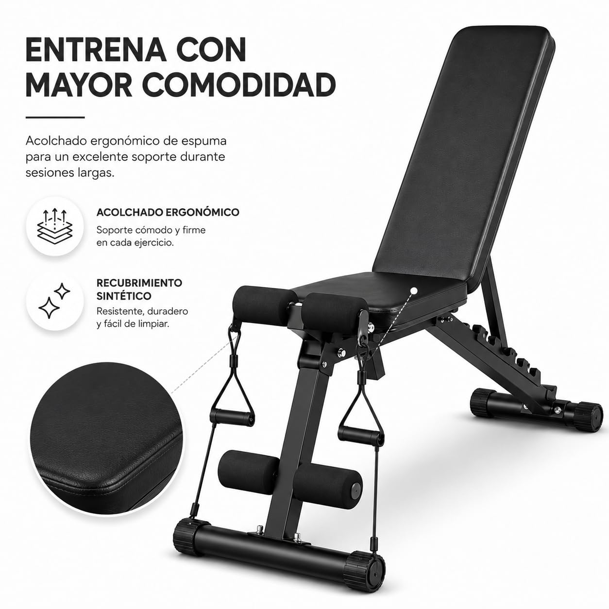 Banco de musculación plegable multifunción – Respaldo ajustable 7 posiciones, estructura triangular de acero, 2 bandas de resistencia incluidas – Banco fitness para casa