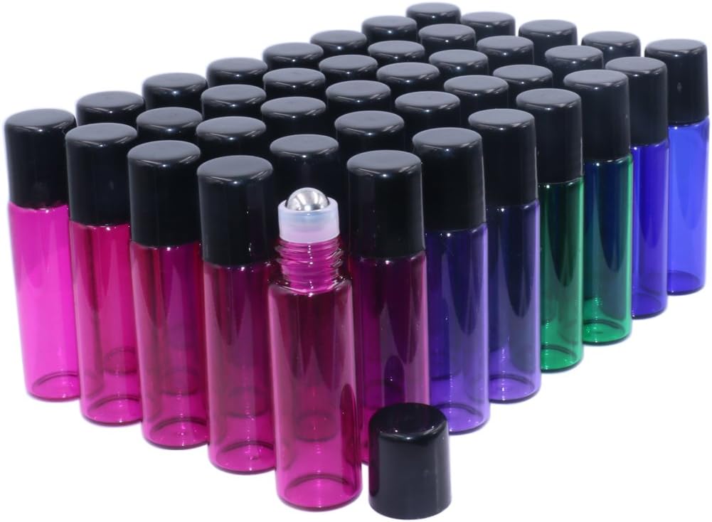 5ml Glass Roller Bottles,40 Pack Multicolor Essential Oil Roller Bottles Roll on Glass Bottles Roller Balls For Essential Oils Perfume,Opener and Droppers Included