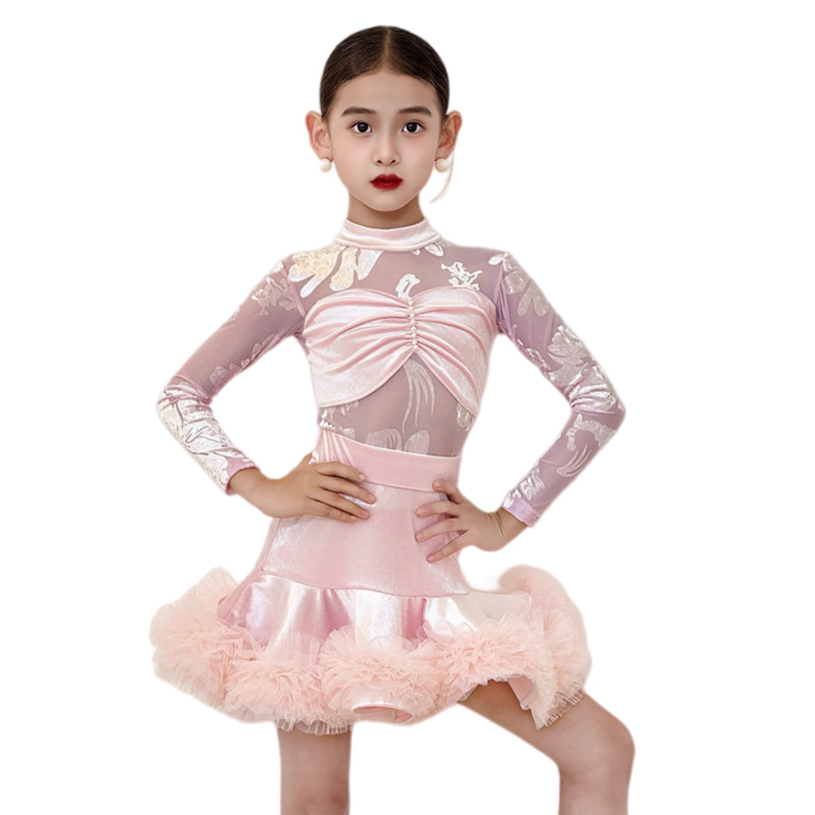 Vestido De Baile Latino De Manga Larga For Niña Leotardo Con Falda De Tul