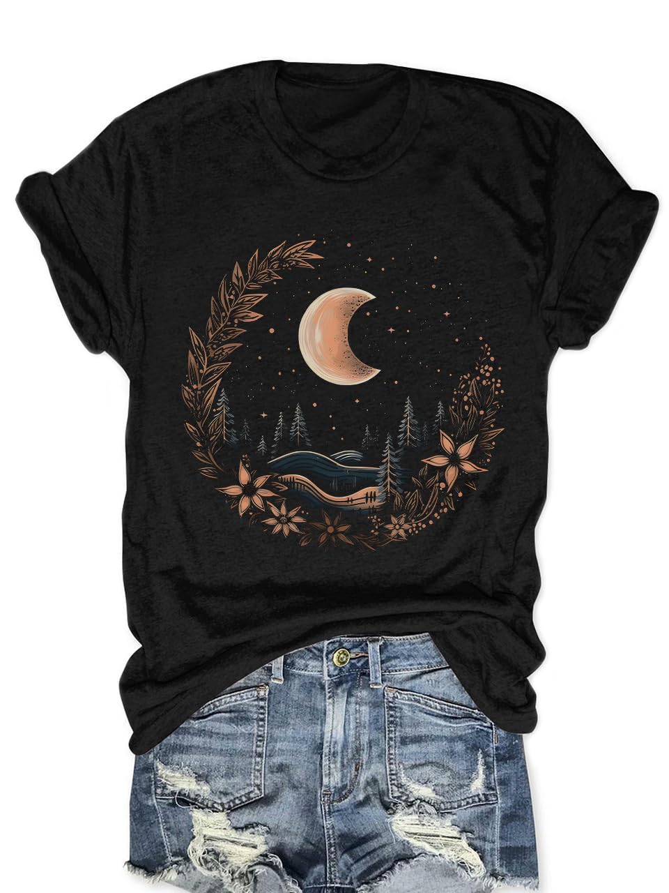 AIMSEN Maglietta Donna Con Grafica Luna E Girasole – Girocollo Manica Corta, Tessuto Morbido Misto Cotone, Taglie S-XXL, Casual Celeste