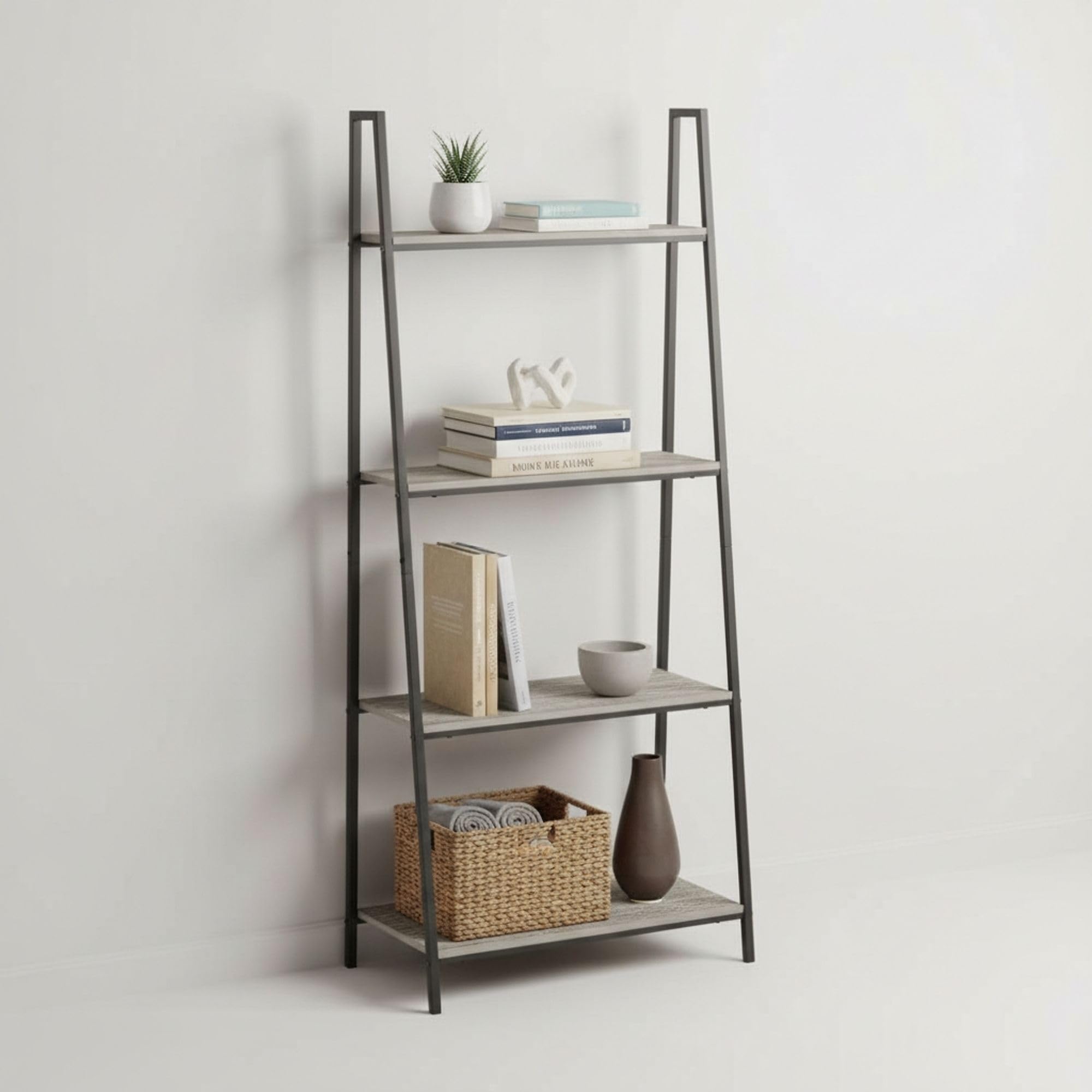 INDE MOBLEKIT | Estantería de Madera y Metal Negro 4 Niveles 60×34.5×150 cm, Librería Moderna con Baldas para Libros, Estantería Almacenaje Hogar y Decoración, Acabado Mate Fácil Montaje