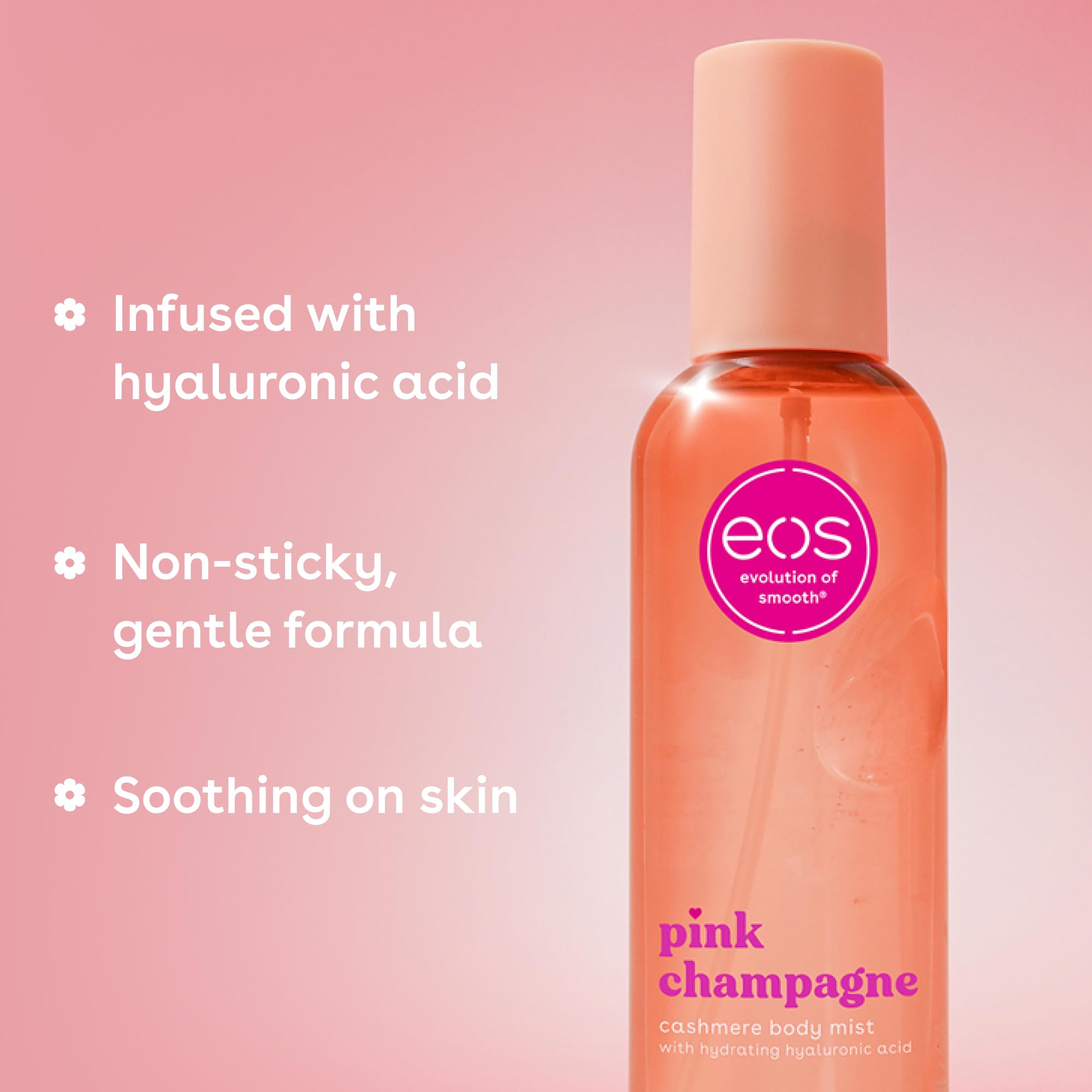 eos Spray corporal de cachemira, champán rosa, spray corporal para mujeres, niebla para el cabello, hidratante, ácido hialurónico, glicerina, vegano, libre de crueldad, 6 onzas líquidas 4