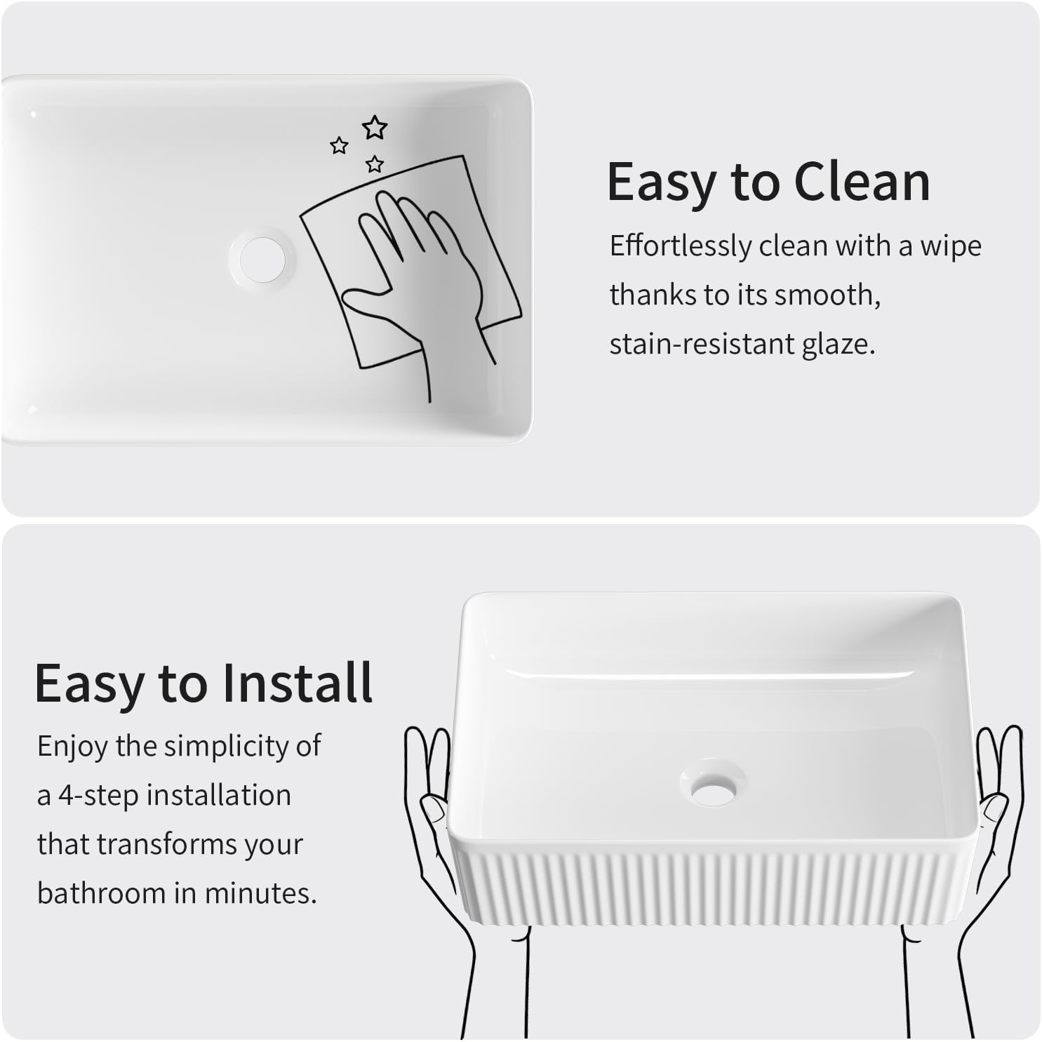 Rectangular Bathroom Sink Above Counter, OCEALAGOON 20″ x 13″ White Porcelain Vessel Sink, Modern Vanity Bowl Sink, Art Ceramic Wash Basin