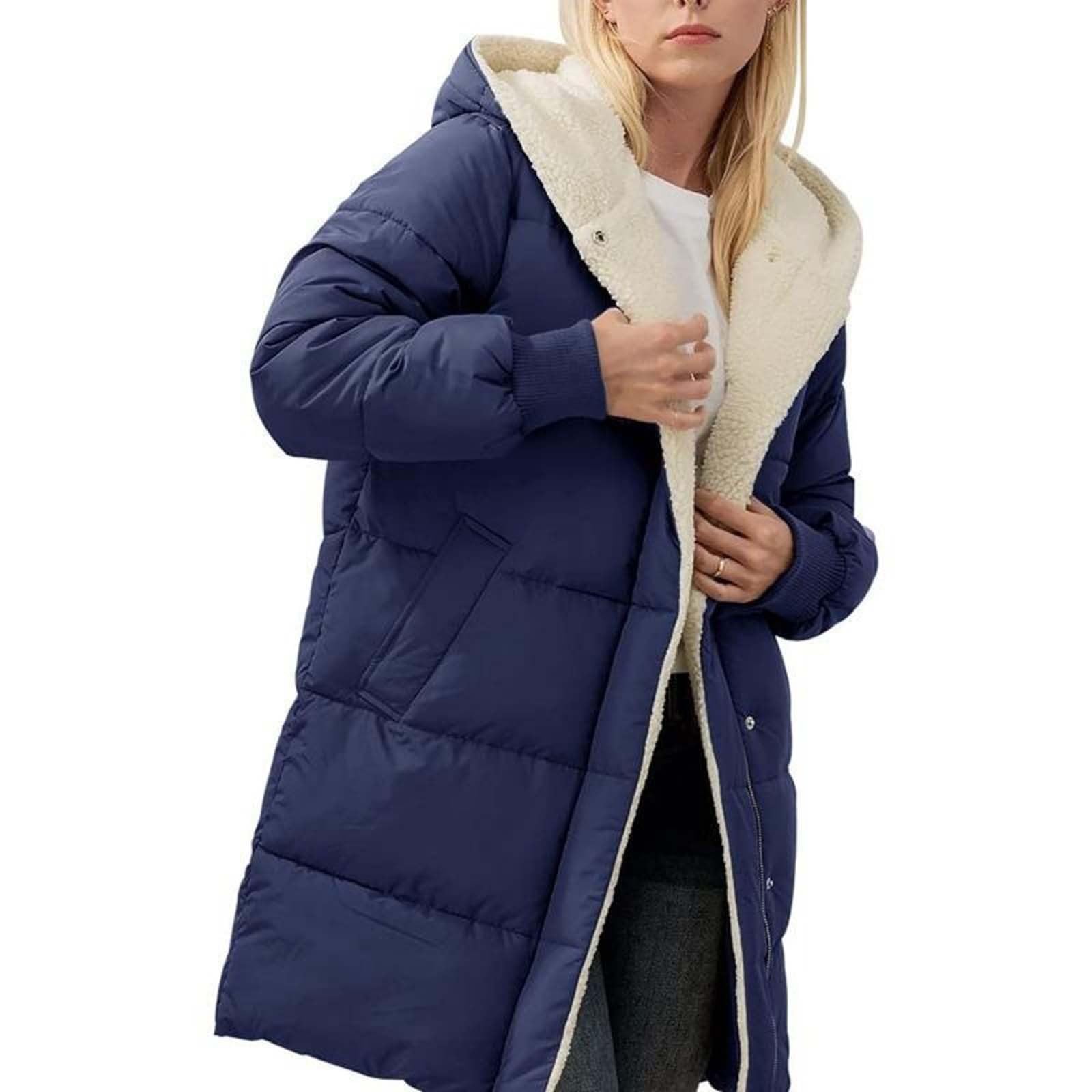 Generisch Cappotti invernali da donna, elegante giacca per le mezze stagioni, giacche lunghe foderate in pile, cappotto lungo invernale con cappuccio, parka, giacca in parka calda, tinta unita casual