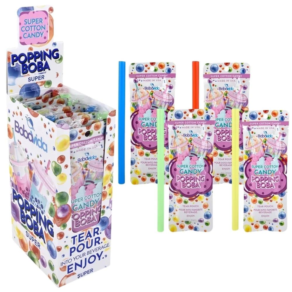 BobaVida Super Cotton Candy Boba Pearls - Popping boba for Drinks, Desserts & Food Toppings - Non-GMO boba balls - 3oz Each, 10 Boba Packets with Straws