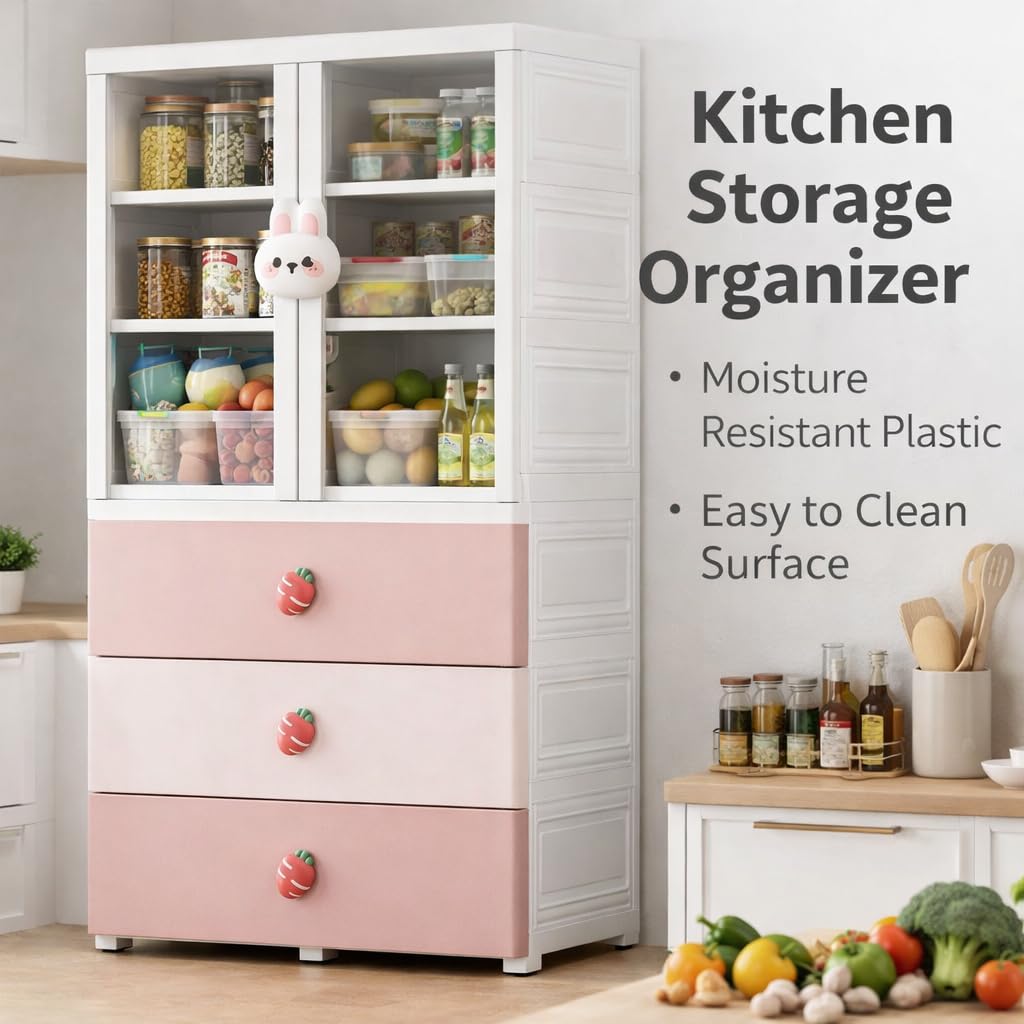AYSIS Kids Plastic Collapsible Wardrobe Organizer for Storage with Drawers | Cute Cartoon Design | Heavy Duty Cloth Organizer for Storage | Easy to Assemble | Perfect for Kids Room & Home | Pink 4
