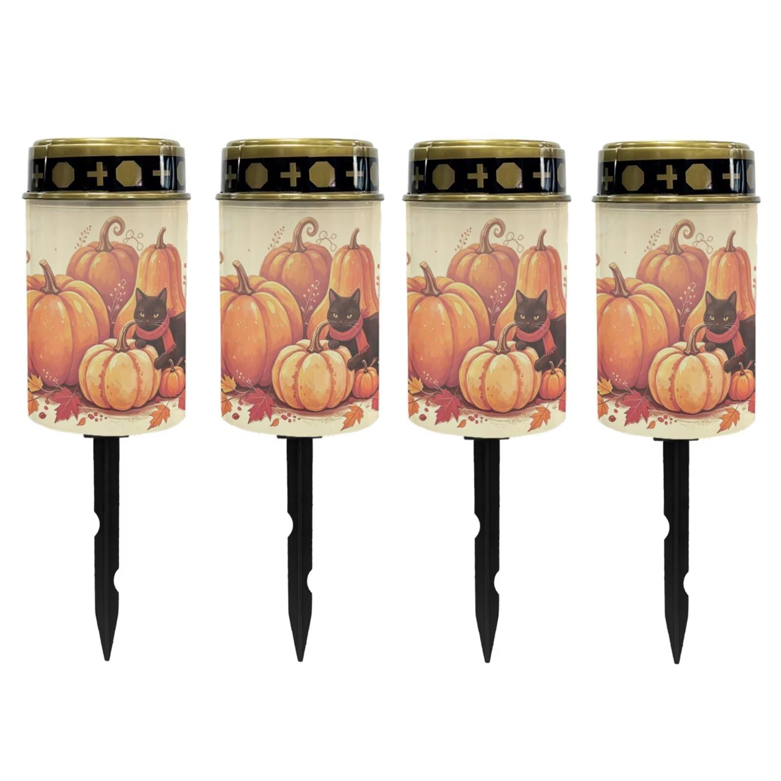 Poceacles Solar Candle Cemetery Solar Lights for Grave LED Garden Flameless Powered Pathway Lights for Halloween Party Decorations, Black Cat Pumpkin Autumn Leaf Print Beige, Pack of 4