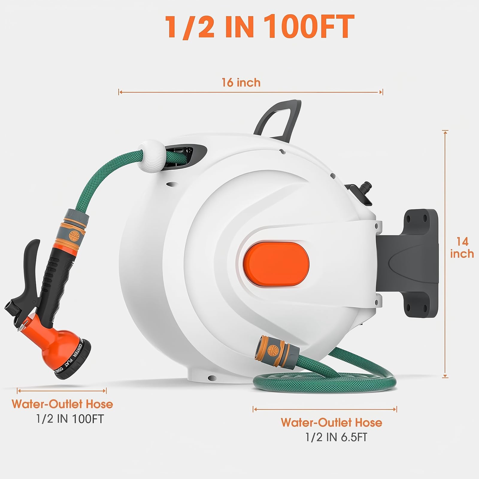 sugsugme Retractable Garden Hose Reel 1/2 Inch x 100ft Wall Mounted, Auto Lock & Slow Retraction System, 8-Function Spray Nozzle, 180° Swivel Bracket, Heavy Duty Metal & PVC Construction