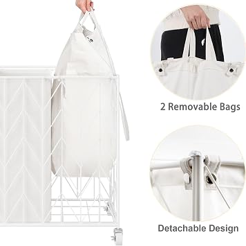 WOWLIVE Double Laundry Hamper with Lid, Rolling Laundry Basket with Wheels | Heavy Duty Wire Clothes Hamper with Divided Removable Bags, Large Iron-Made Laundry Sorter Laundry Room Organization, White