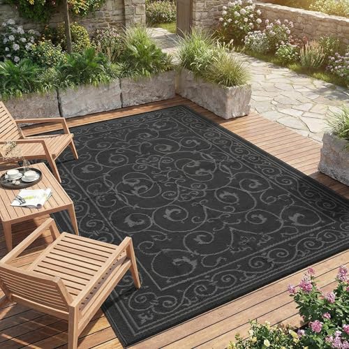 GAOMON Outdoor Rug Waterproof 9x12 Patio Rug Durable Indoor Outdoor RV Mat, Reversible Camping Carpet, Foldable Plastic Straw Rug for Patio, Porch, Deck, Balcony, Beach,Vintage-Black&Grey