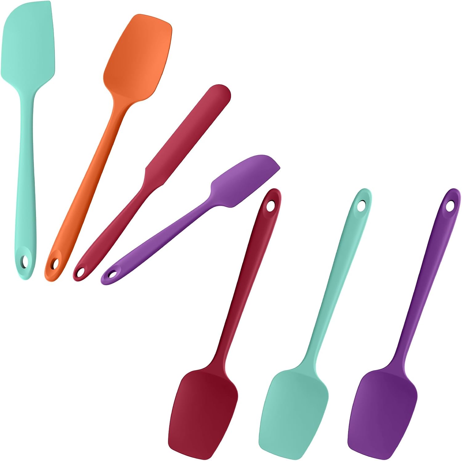 Doosu 600°F Heat Resistant Silicone Spoon Spatula Set of 3 for Scooping Stirring Mixing(Red+Aqua+Purple) & 4-Piece Spatula Set BPA Free Scraper for Kitchen Cooking Baking(Aqua Sky+Orange+Red+Purple)