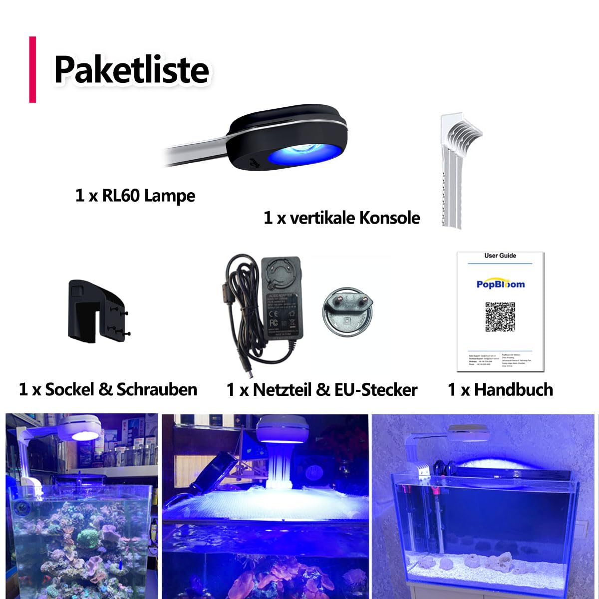 PopBloom APP-Kontrolle meerwasser aquarium led beleuchtung led lampen reef coral aquarium für 30-60cm Salzwasser Marine (60W (Schwarz))