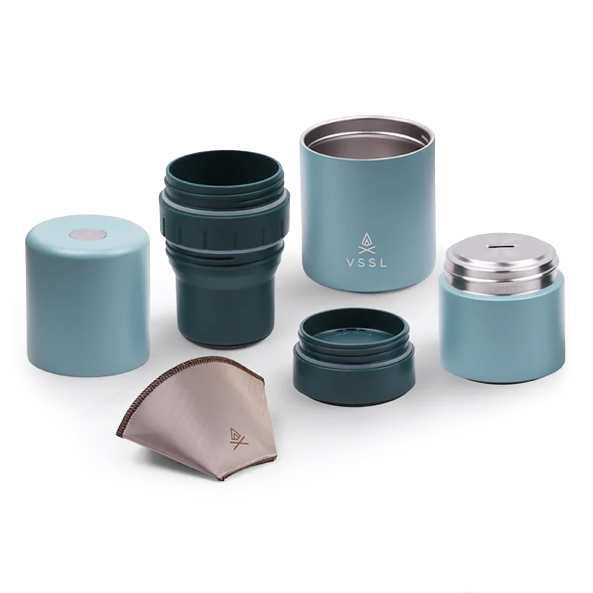 VSSL - Nest Pour Over Coffee Kit | Coffee Maker for Camping | All-In-One Travel Pour Over | Transportable Dripper, Two 10oz Stainless Steel Travel Mugs | Compact Storage &amp; Adventure Ready | Everglade