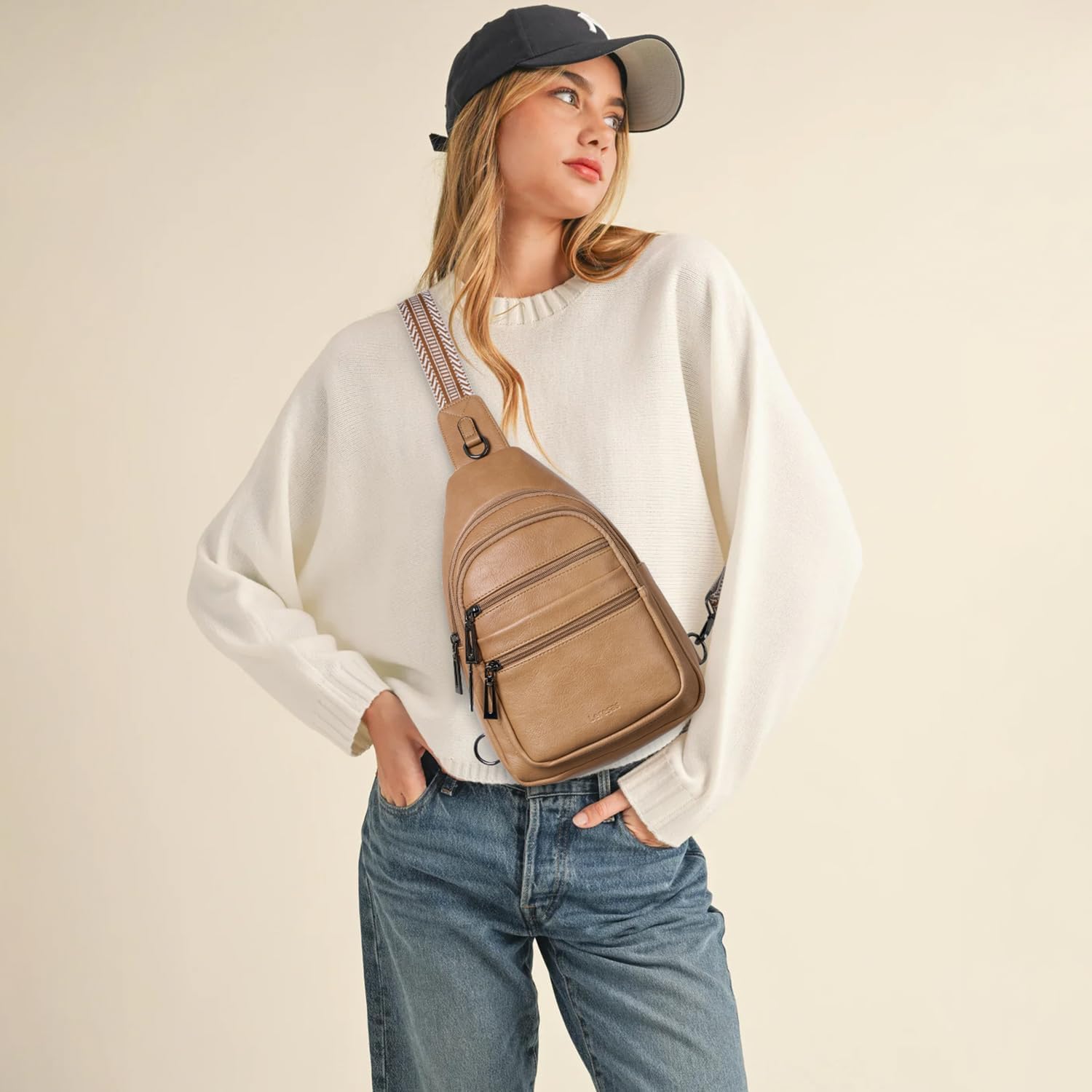 Sling Bag for Women Cross Body Purse Fanny Pack Sling Backpack Vegan Leather Shoulder Crossbody Bag Travel Tan - Image 2