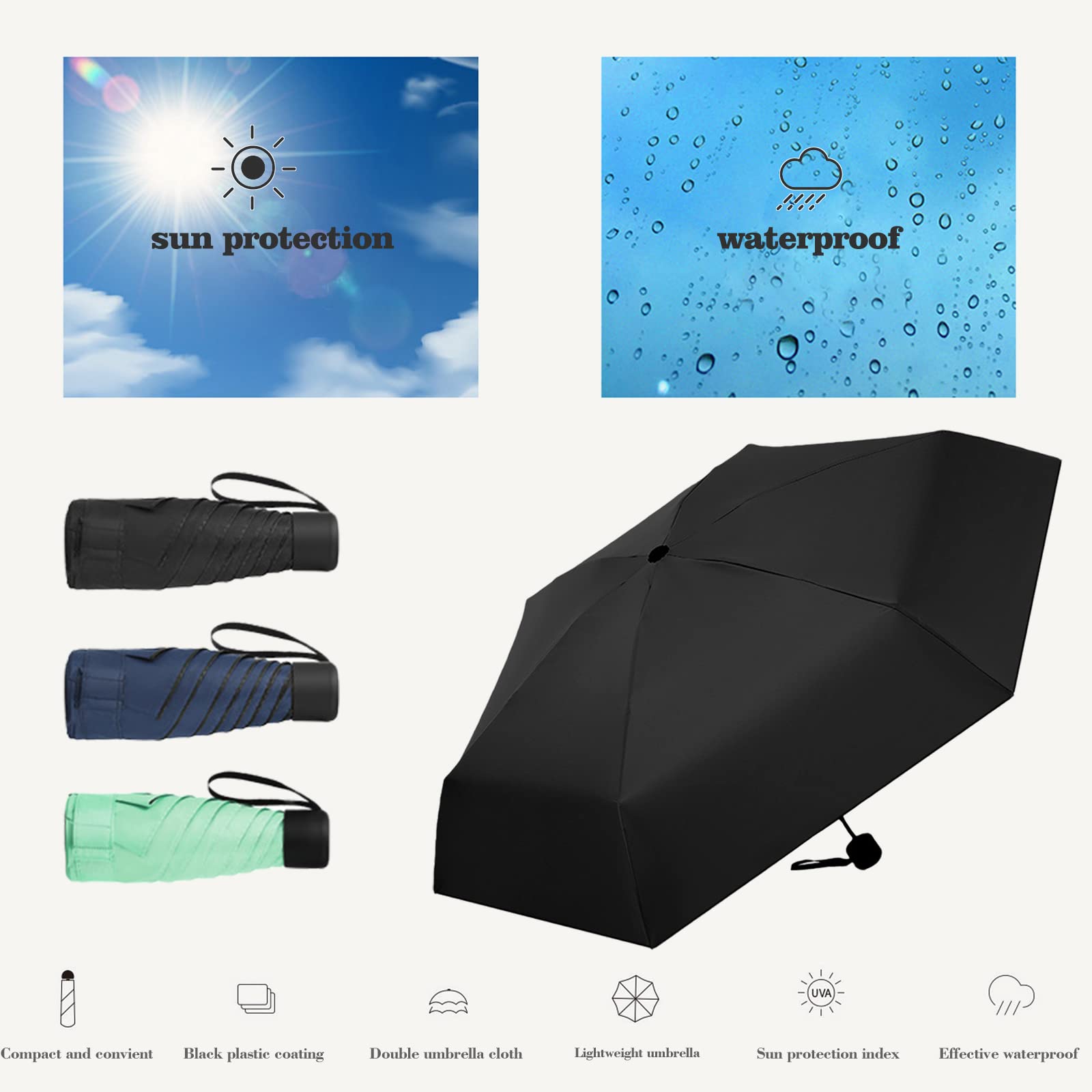 ZOCONE Mini Ombrello da Viaggio, Mini Ombrello Ultraleggero Portatile Compatto Ombrello Pieghevole Ombrello da Viaggio, 99% UV Resistenza & 100% Impermeabile (Verde)