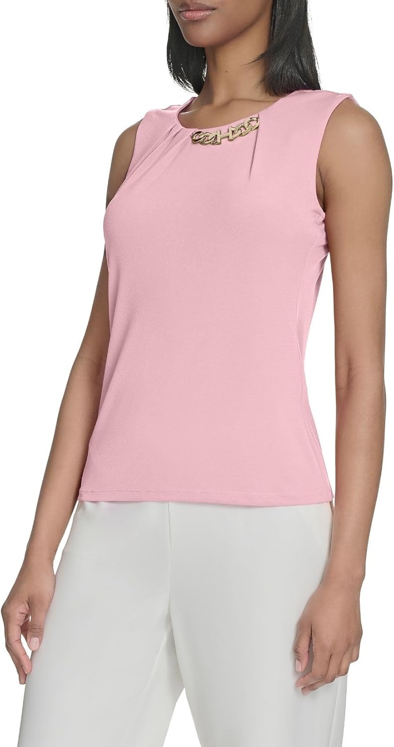 Halston Women's Sleeveless Jersey Top with Hardware Neckline