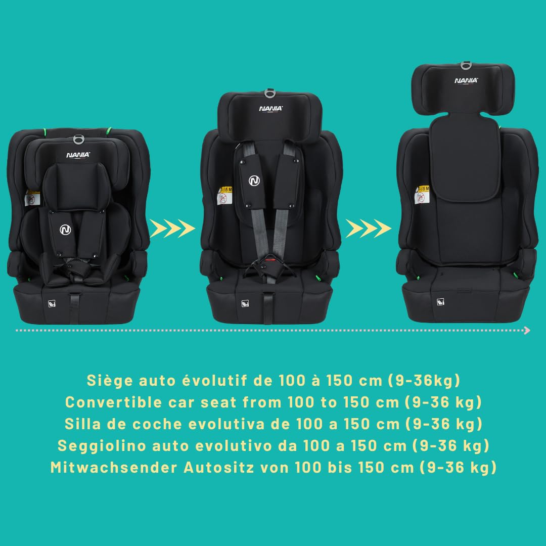 Nania Siège auto enfant Rio I-size 76-150 cm- Groupe 1/2/3 de 9 à 36 kg, 15 mois à 12 ans, Têtière ajustable, Harnais de sécurité 5 points, Housse amovible-fixation ceinturé (rio)