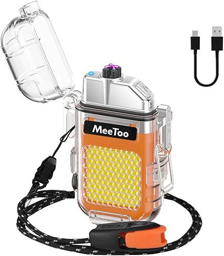 MeeToo Encendedor eléctrico recargable, impermeable, de plasma, doble encendedor, 3 modos de linterna tipo C, con silbato de emergencia de