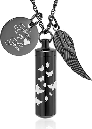 shajwo Collar de cenizas de urna cilíndrica para mujeres y hombres, joyería de cremación de mariposa, ceniza amada, un colgante de ala de ángel