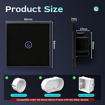 BSEED WiFi Touch Switch Black,1 Gang 1 Way Smart Light Switch Compatible with Alexa and Google Home,with Smart Life Remote Control(No Hub Required)-No Need Neutral Wire