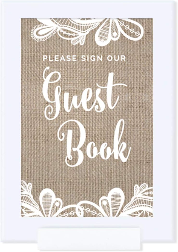 Andaz Press Burlap Lace Print Wedding Collection, Framed Party Signs, Please Sign Our Guestbook, 4x6-inch, 1-Pack, Includes Frame