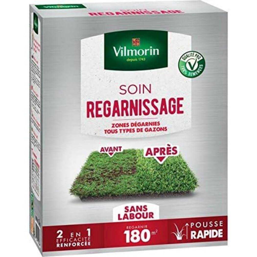 VILMORIN - Soin Regarnissage Universel 2 en 1 - Semences de gazon + Fortifiant naturel - Rénovation facile des gazons abîmés - Levée rapide - Enracinement profond - Pour tous types de gazons - 1 Kg - 4