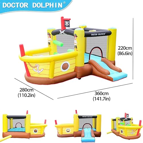 Miniatura 4 de Doctor Dolphin Bounce House - Tobogán inflable con obstáculos – Soplador – Tema de barco pirata – Pista de pelotas – Aro de baloncesto, gorilas