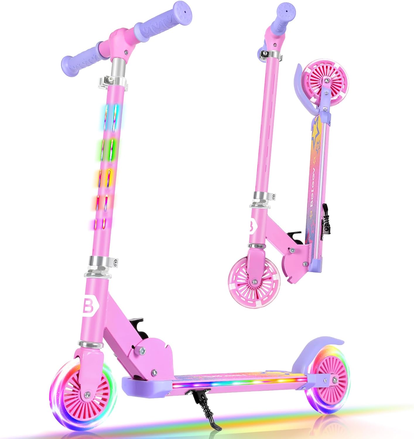 beleev v3 scooter for kids with light-up wheels & stem & deck, 2 wheel folding scooter for girls boys, 4 adjustable height, lightweight kick scooter with handy kickstand for children ages 3-12 pink purple
