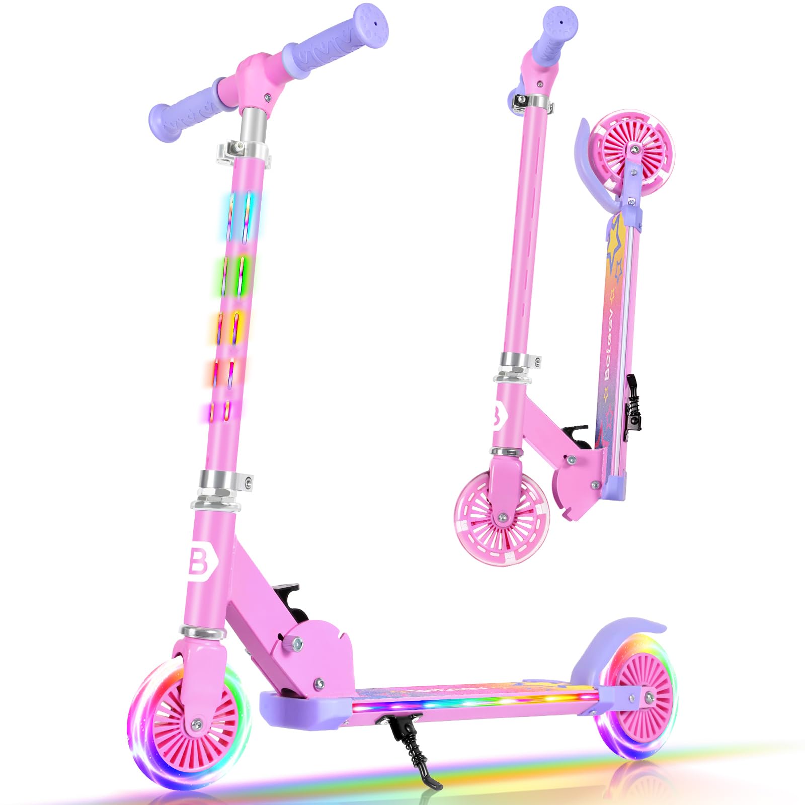 BELEEV V3 Scooter for Kids Ages 3-12, 2 Wheel Folding Scooters for Girl Boys with Light-Up Wheels & Stem & Deck, 4 Adjustable Height, Cartoon Pattern Deck, Scooter with Kickstand(Pink Purple)