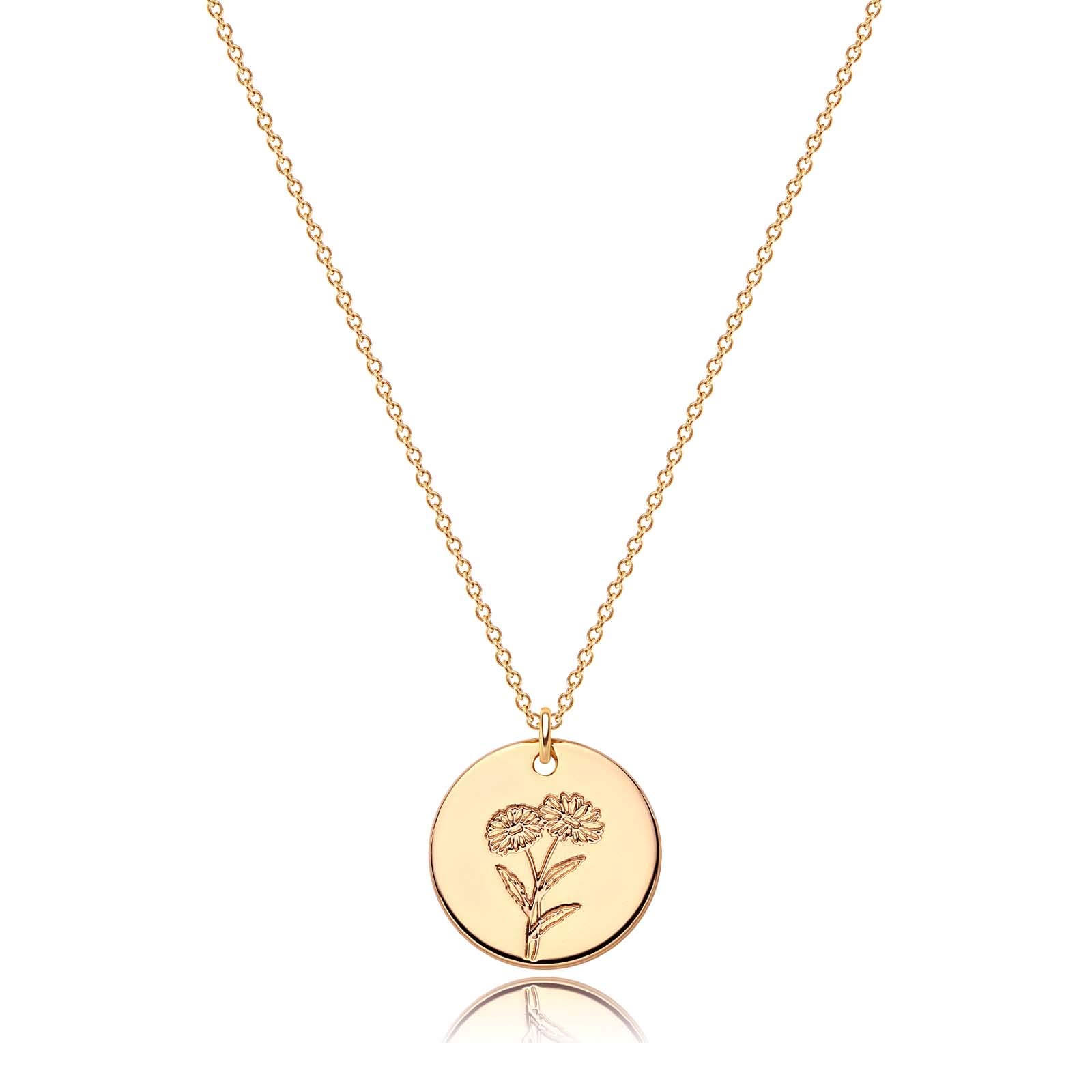WEARONBirth Month Flower Necklace 14k Gold Plated Dainty Simple Birth Month Engraved Custom Floral Pendant Necklace Charm Disc Coin Necklaces for Women Personalized Birthday Gifts
