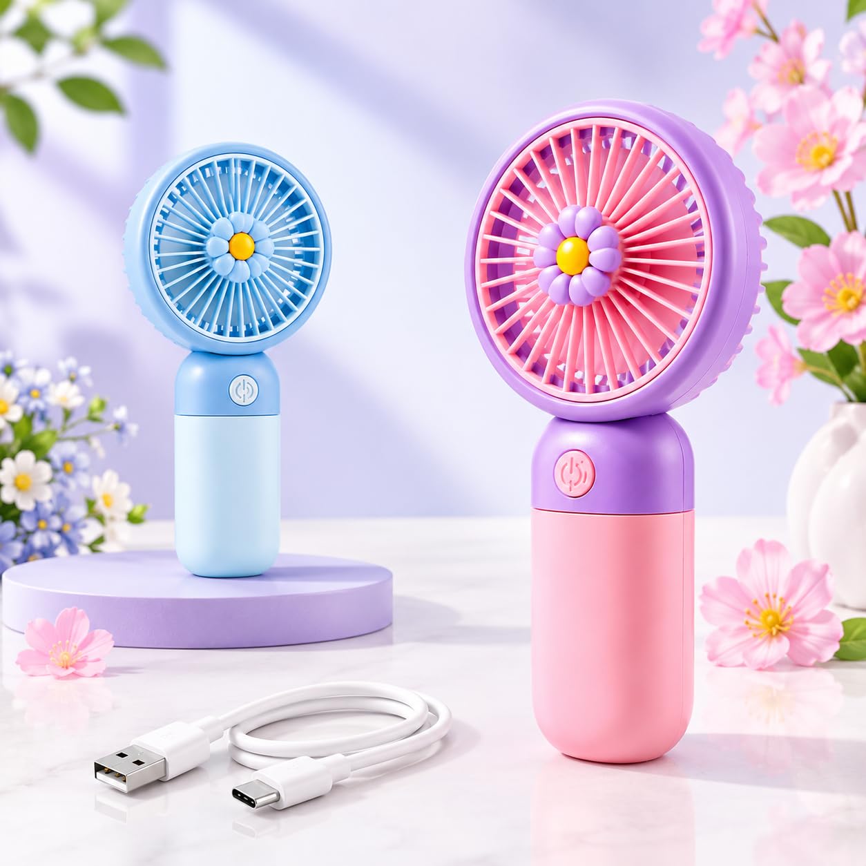 The Flyers Bay Mini Handheld Fan for Kids & Adults | Rechargeable USB Type-C Portable Fan with 3 Speed Modes | Handheld & Desktop Use | Cute Flower Design Pocket Fan for Travel, Office, School & Home-image-23