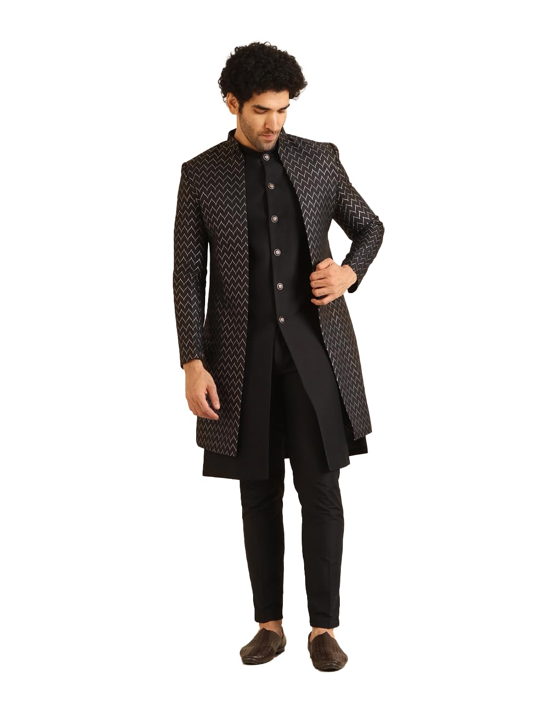 Kisah Jacket Sherwani Set For Men  Woven Design Jacquard Sherwani With Trouser | Ethnic & Formal Indian Outfit For Weddings, Celebrations & Parties, Black, 44