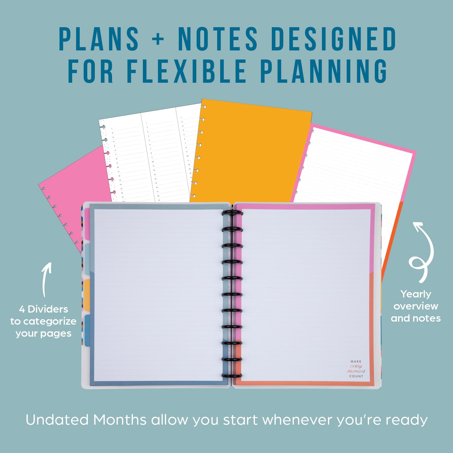 Happy Planner Plan + Planificador mensual de notas y cuaderno rayado, planificador de 12 meses sin fecha, 95 hojas con 4 separadores y 12 hojas de calcomanías, tema mágico bueno, tamaño grande, 8.5 x
