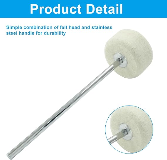 1 Piece White Felt Bass Drum Beater, Kick Drum Beater Instrument Accessories Parts for Kick Drum Pedal, Performance Convenient Drummer Replacement