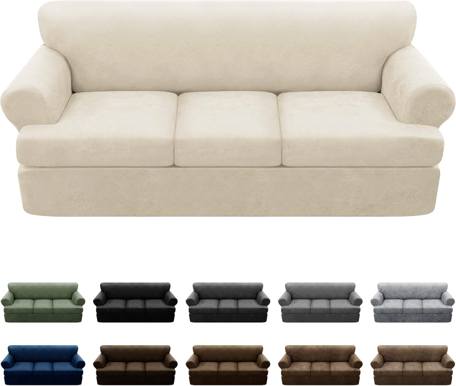 4-Pieces T Cushion Sofa Slipcovers Leather Look Couch Cover for 3 Cushion Couch Furniture Protector Stretch Sofa Cover with 3 Individual T Cushion Seat Covers Washable, Ivory 3 T-Cushion Sofa Ivory