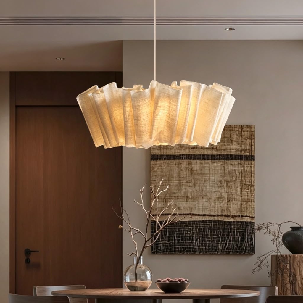 JOJOM Wabi‑Sabi Pendant Light Plissed Linen Fabric Lampshade E27 Height Adjustable Vintage Hanging Lamp for Dining Table Living Room Bedroom Hallway Home Decor(A40)