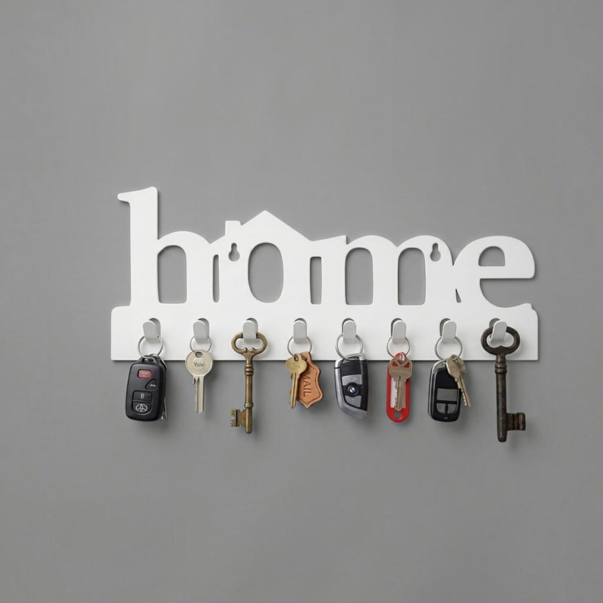 Key Holder (29 cm x 13.5 cm x 0.4 cm, Metal 8 Hook - Decorative Items for Home Decor (White)-image-36