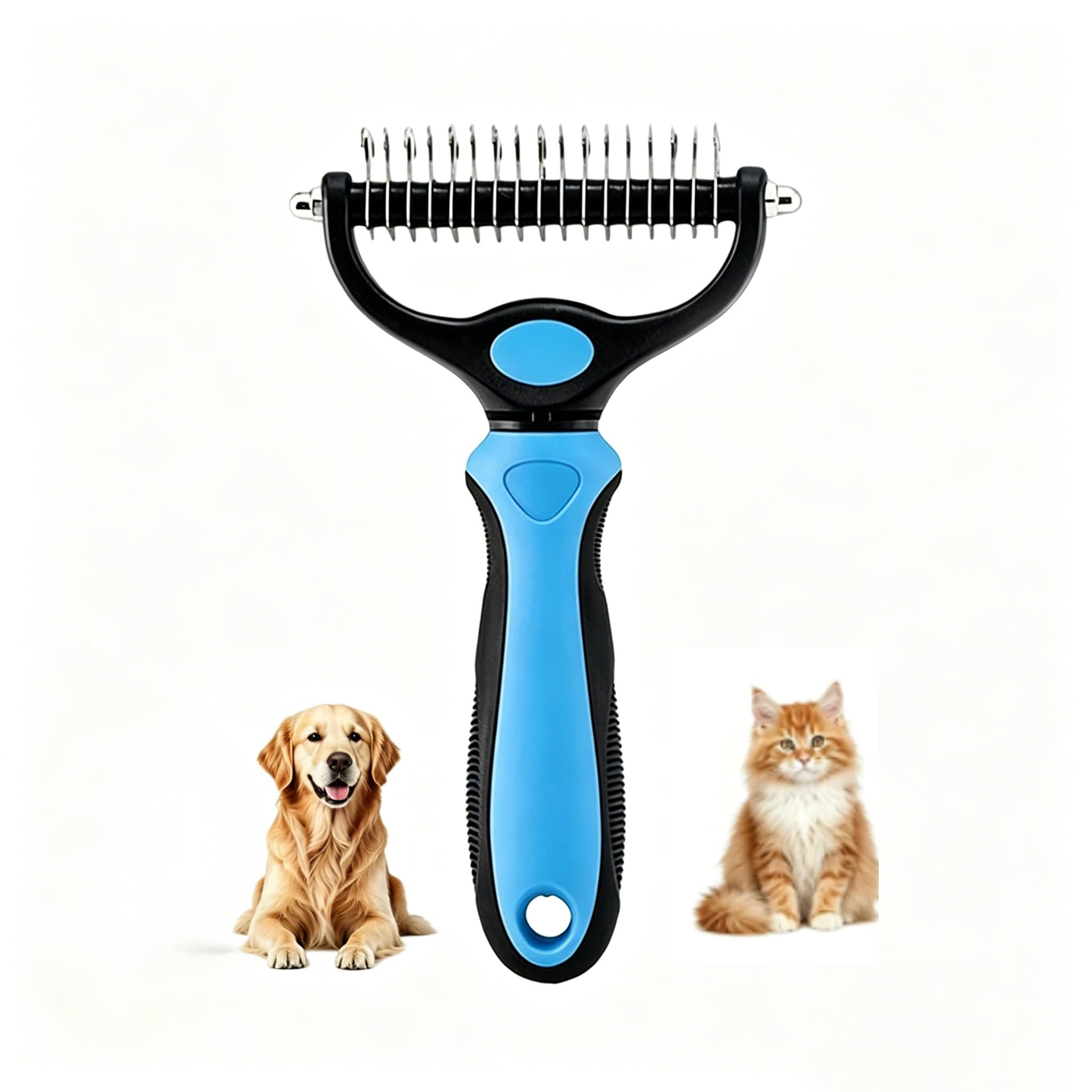 Dematting Comb for Dogs and Cats, Dual-Sided Deshedding Tool, Undercoat Rake Pet Brush for Long & Short Hair, Self Cleaning Grooming Comb Removes Tangles, Knots & Loose Fur (Blue)