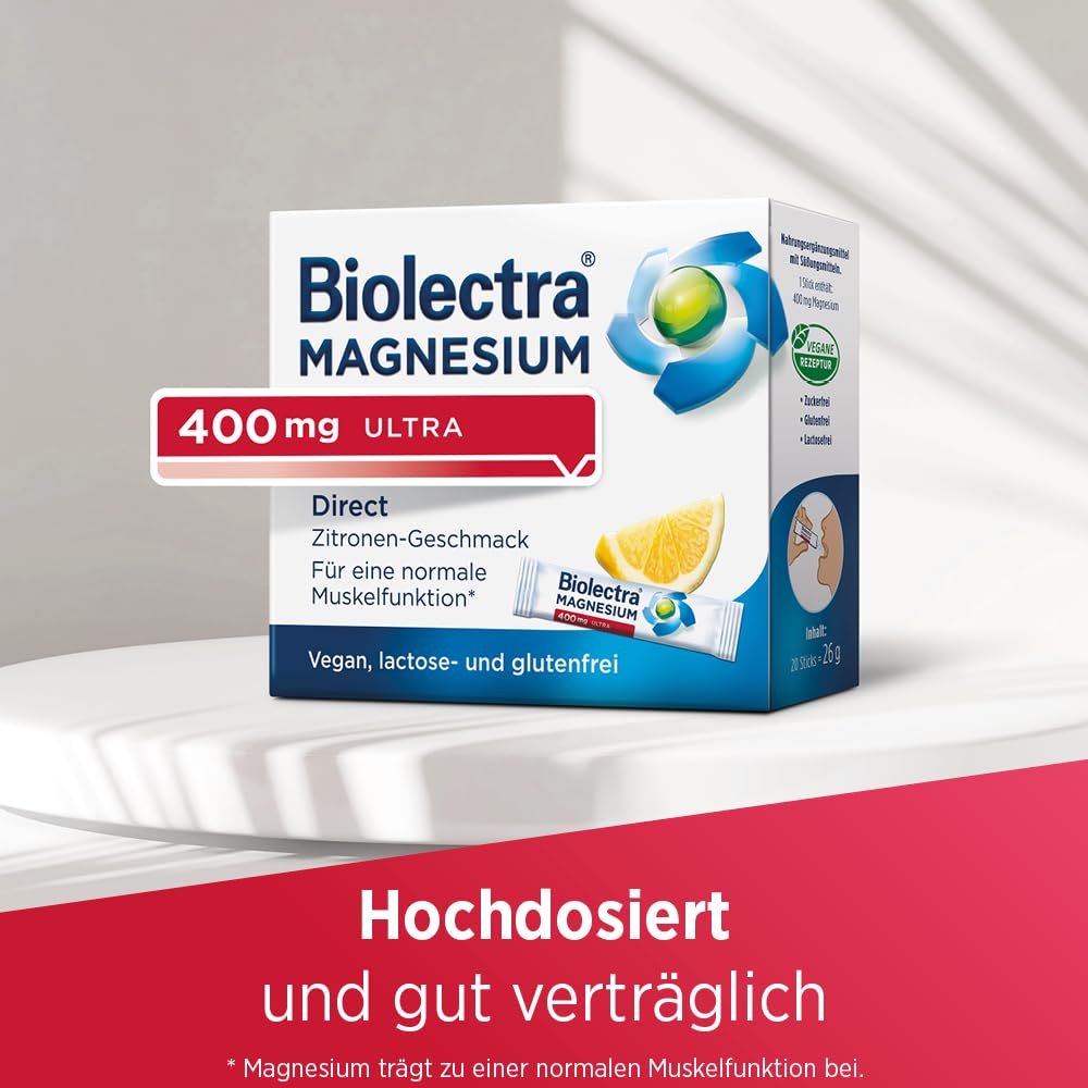 Biolectra Magnesium 400 mg Direct Sticks Zitrone, 60 Stück: Für eine normale Muskelfunktion bei erhöhtem Bedarf, Magnesium Direkt-Sticks, hochdosiert