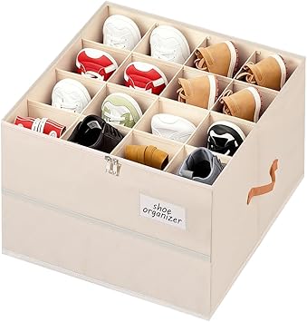 Shoe Organizer for Closet, Foldable Shoe Storage Organizer Containers with Clear Cover, Space Saving Shoes Holder with Handles, Beige 1, L