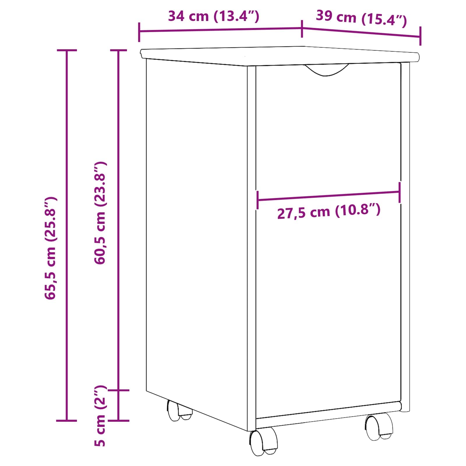 Armadio con ruote, nero, 34 x 39 x 65,5 cm, in legno massello di pino, cassettiera con ripiano, per ufficio, soggiorno, camera da letto, corridoio, officina, organizer
