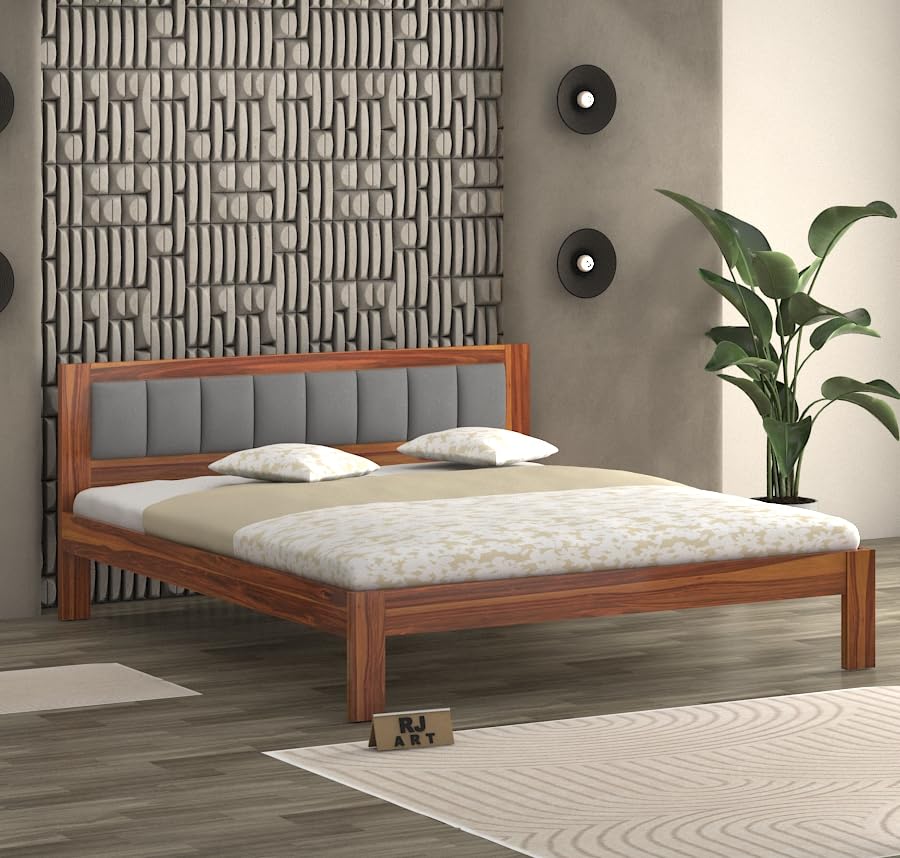 Image of Sheesham Wood Queen Size Bed Without Storage | Wooden Double Bed Cot Palang for Bedroom Furniture | Palang Double Bed for Hotels (DIY- Customer Side Self Assembly) 1 Year Warranty - Honey