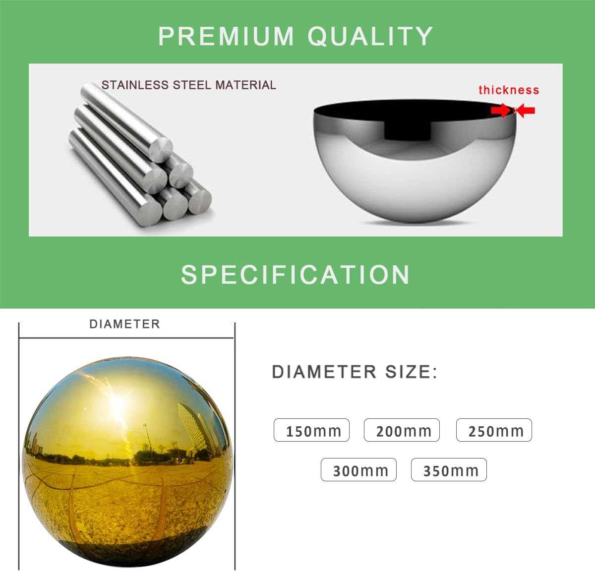 Stainless Steel Gazing Ball for Garden and Home Decorative Gold Mirror Reflective Hollow Balls Ornament 150-350Mm in Diameter,150mm(250mm)