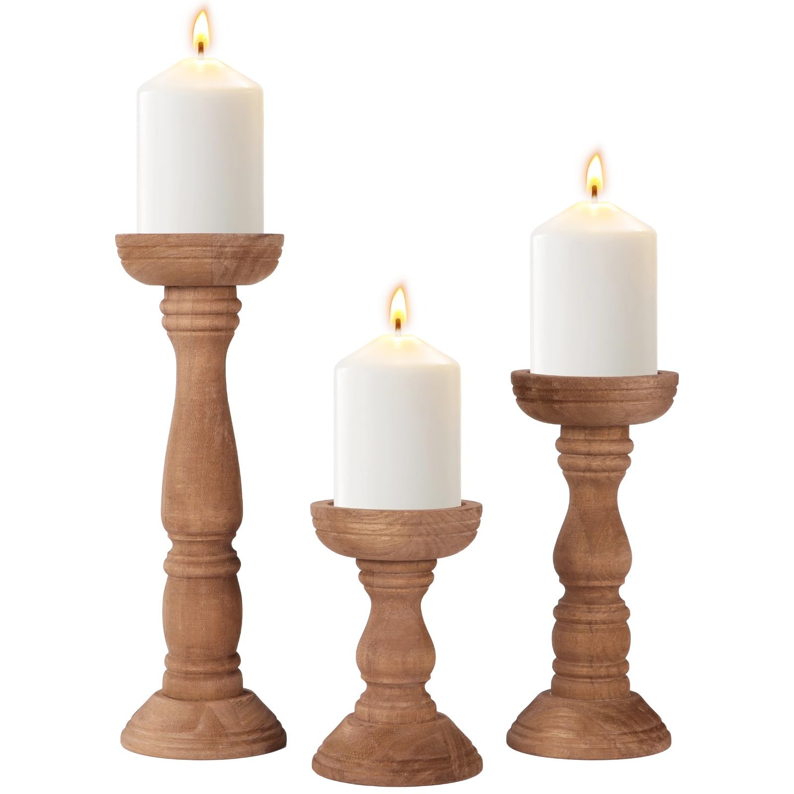 Rustikaler Kerzenhalter, Bauernhaus-Holz-Kerzenständer-Set, Stumpenkerzen-Mittelstück, passend für 7,6 cm Kerzen, Tisch- und Wohnzimmerdekoration, 3-teilig