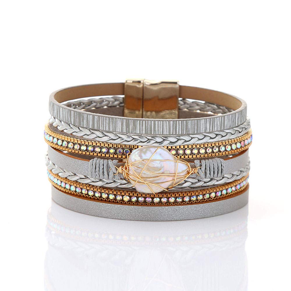Lederarmband für Frauen, mehrschichtiges Vintage Lederarmband graues Süßwasserperlen gewebtes Mädchen-Lederarmband mehrschichtige Leder-Magnet-Schnalle-Schmuckpersonalisierte Kleidung Accessoires