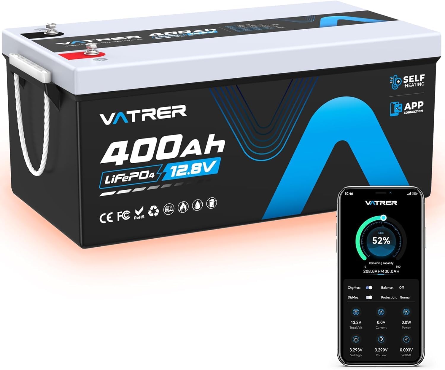 VATRER POWER 12V 400AH Self-Heating LiFePO4 Lithium Battery